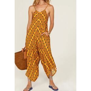 Kahindo Jumpsuit Womens Small Yellow Printed Kano V Neck Flowy Sleeveless